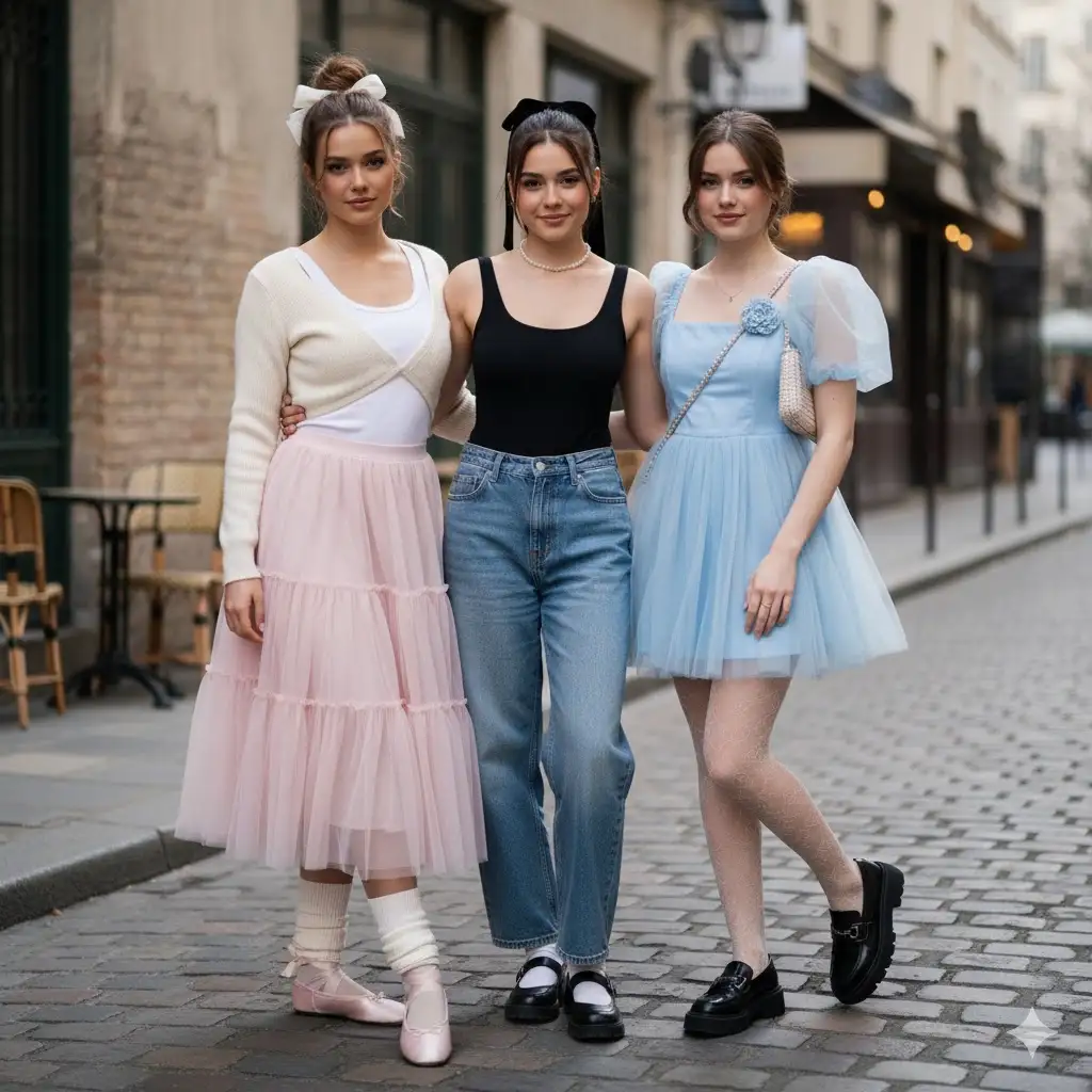 3 girls in different Balletcore outfits