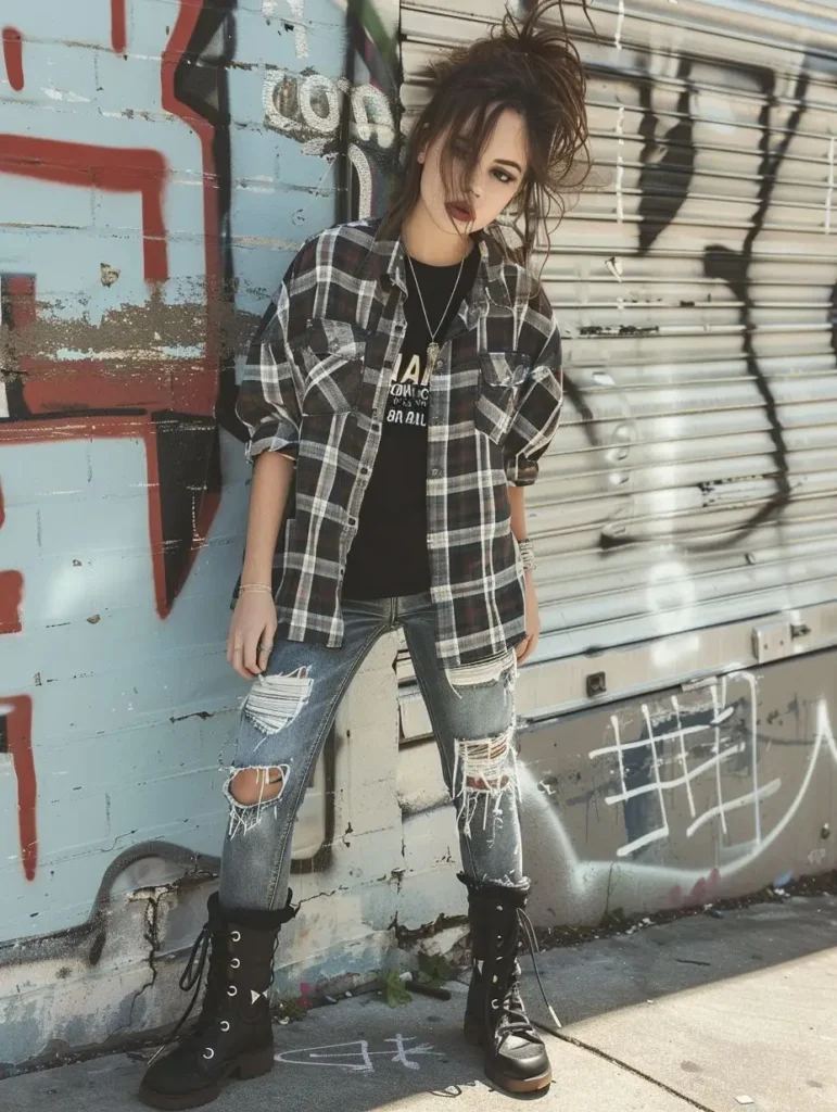 A girl with Classic / 90s Grunge Fashion style dressing.
