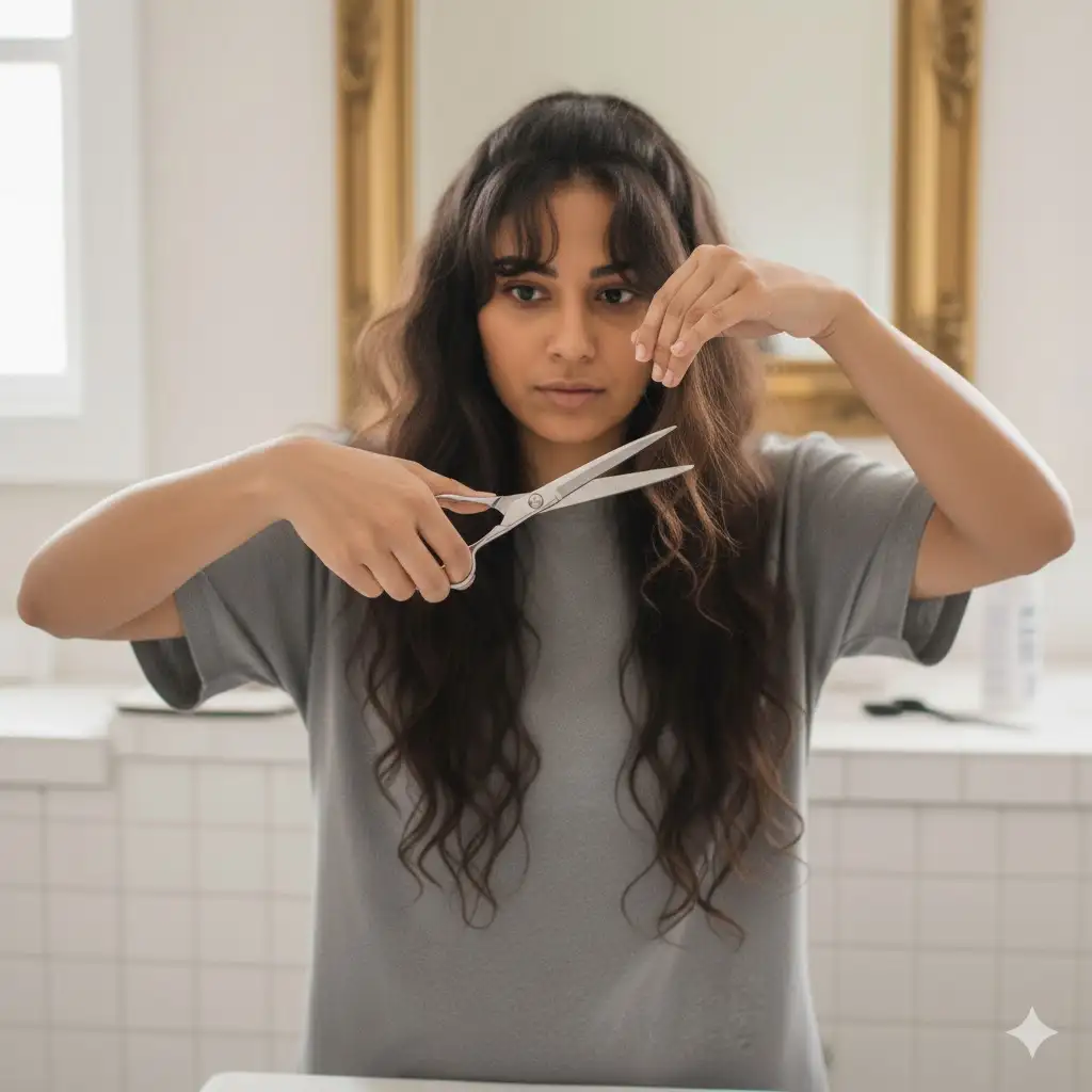 The girl is showing step 4 of wolf cut at home.