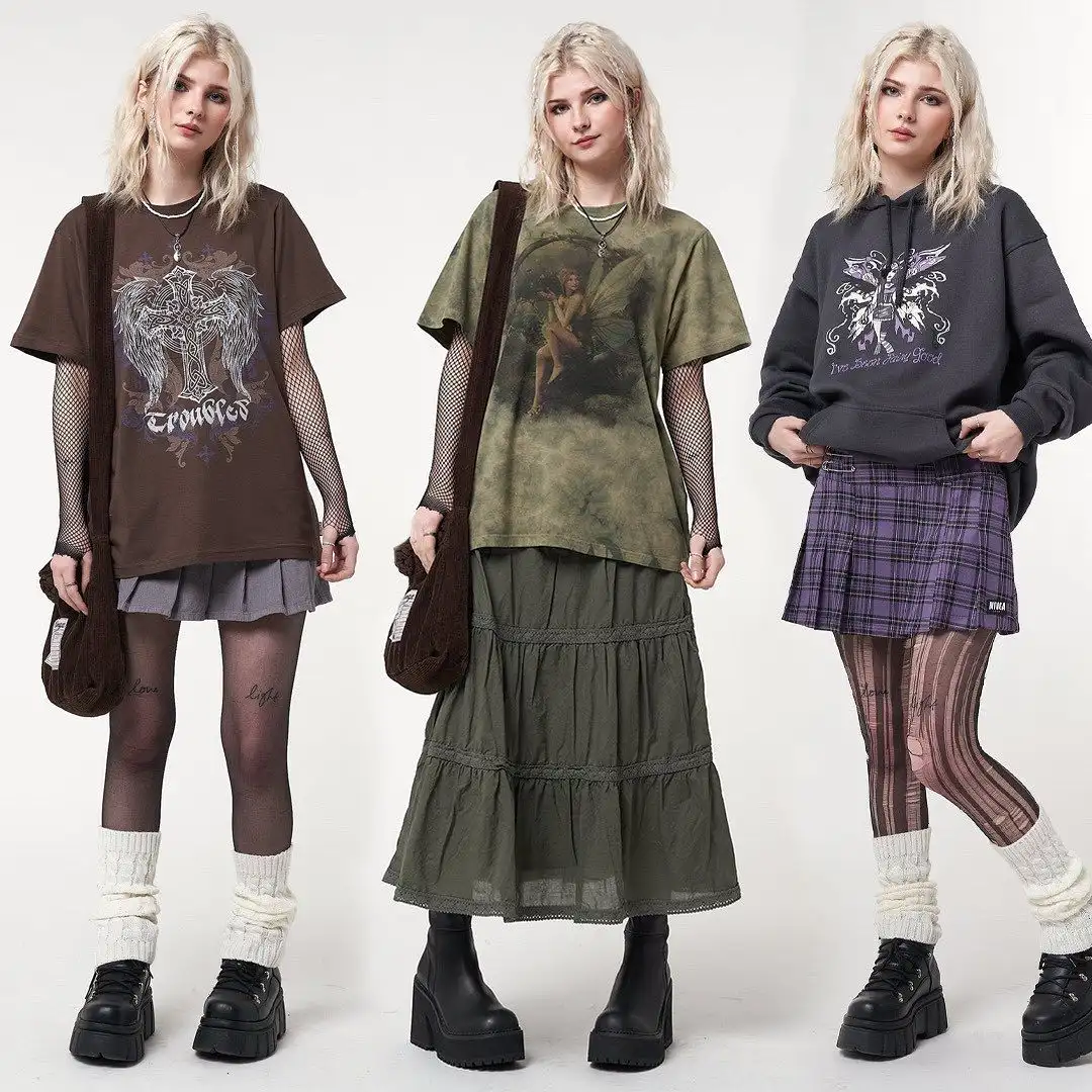 # girls wearing 3 different styles of grunge fashion.