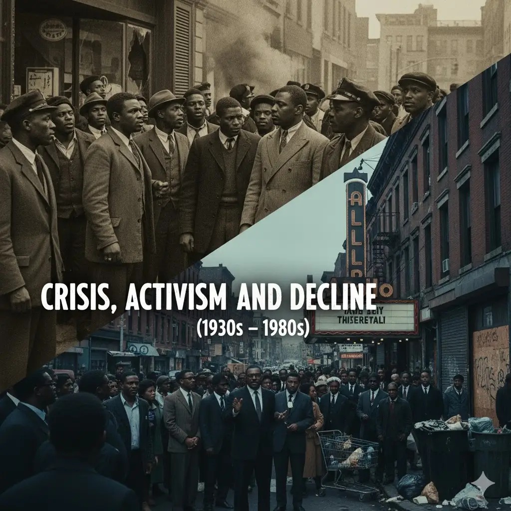 It shows Crisis, Activism, and Decline (1930s – 1980s)