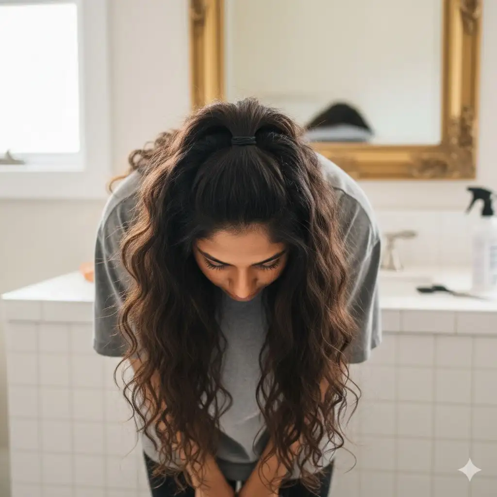 A girl showing wolf cut haircut​ step 1
