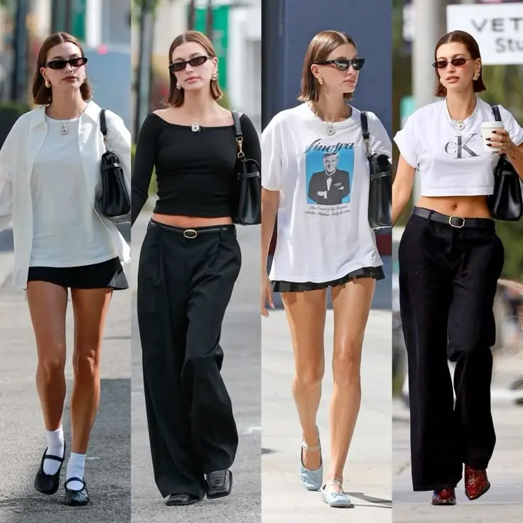 4 different image of Hailey Bieber wearing diffrent balletcore fashionn dresses