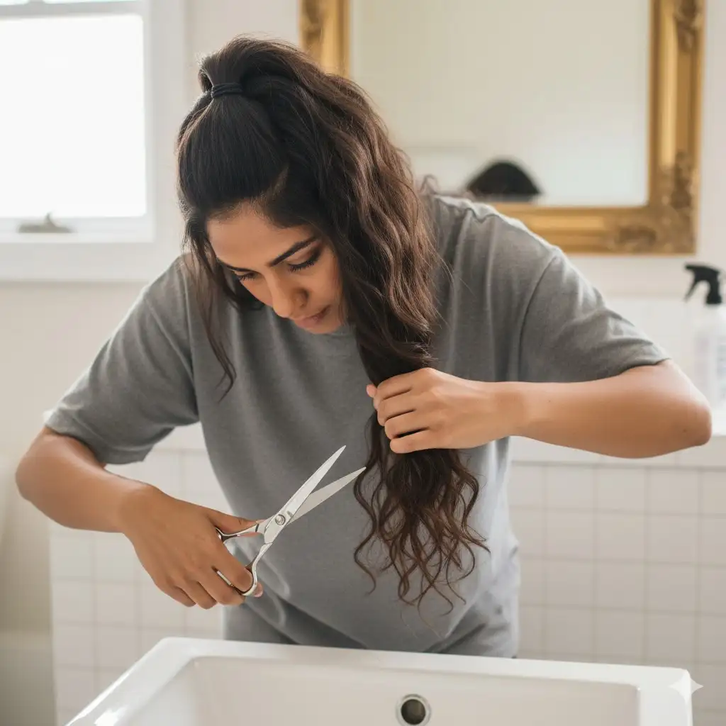 A girls showing step 2 of doingwolf cut at home.