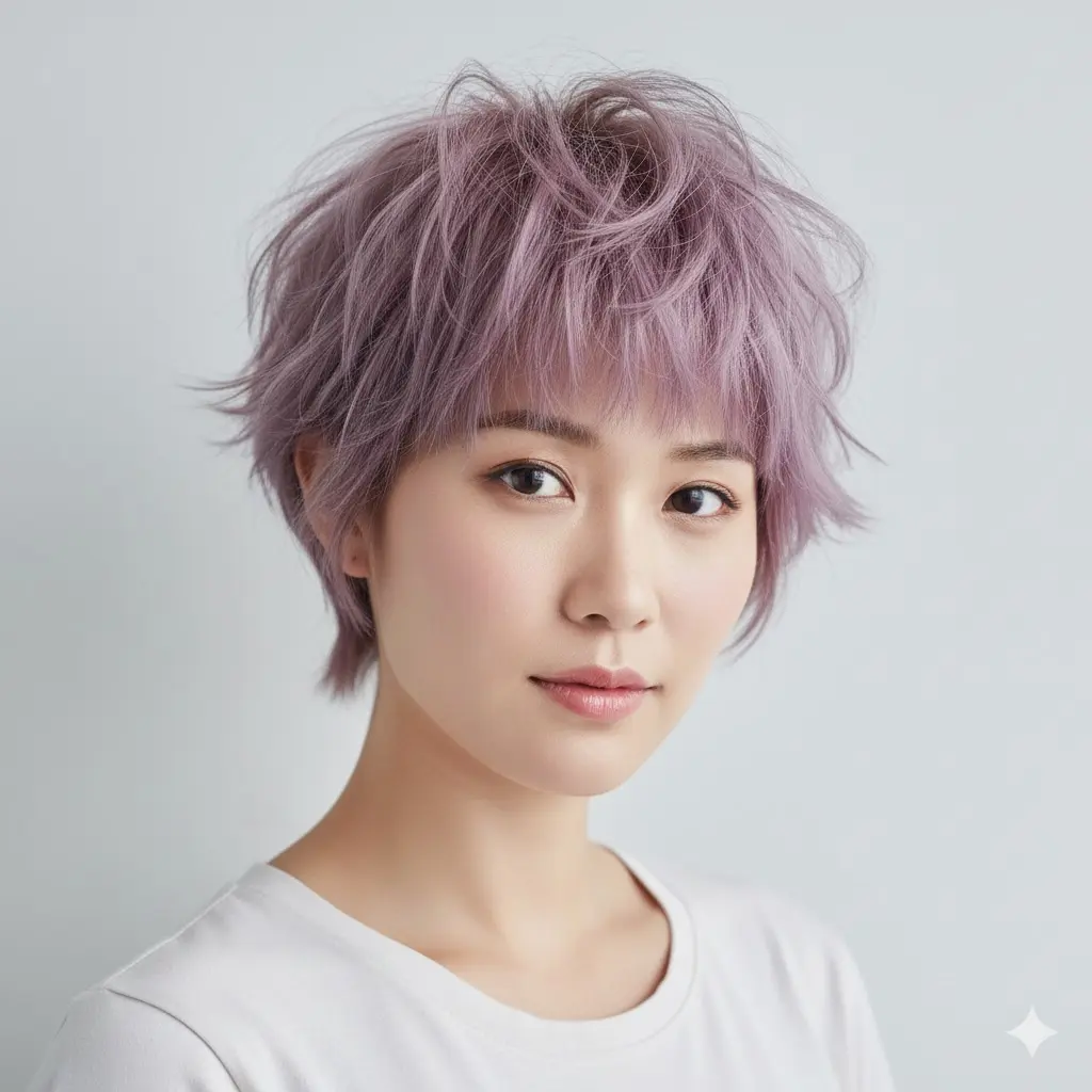 A girl with short wolf cut hair style.