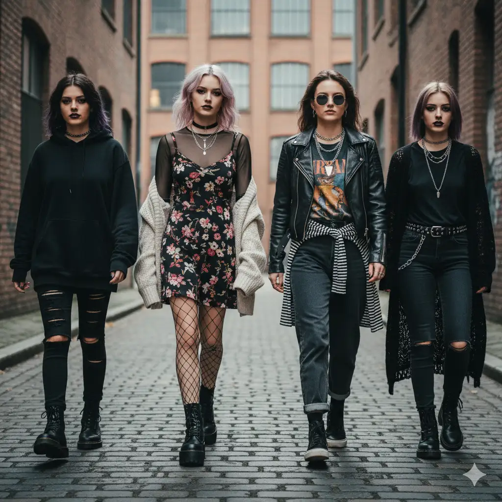 4 different girls representing 4 different types of grunge aesthetic fashion.