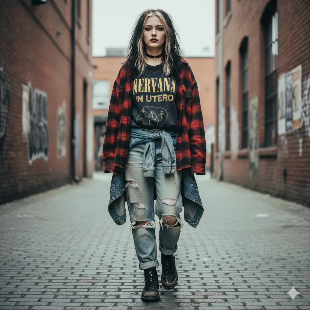 A girl is wearing Vintage Grunge Aesthetic clothes.
