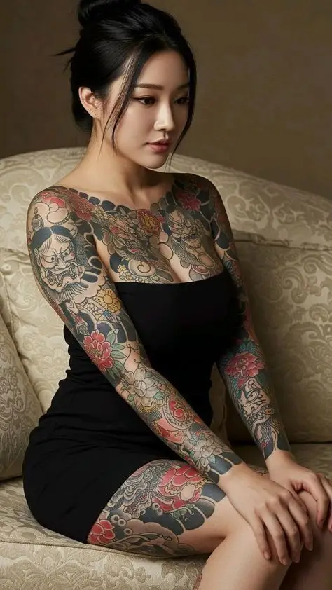 A girl with yakuza tattoos on her body.