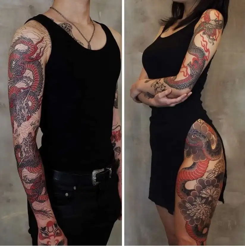 A girl and a boy have arm-to-thigh yakuza Japanese tattoos