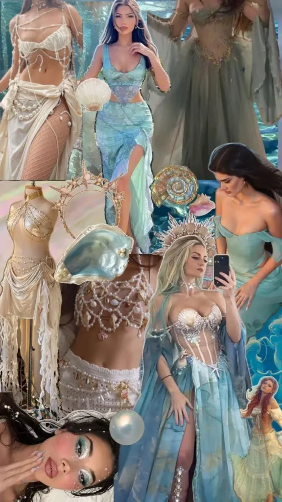 Different girls wearing diifferent color of mermaid fashion dresses