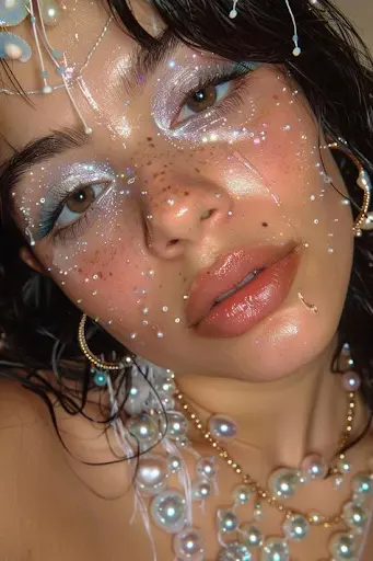 A girl with beaded mermaidcore makeup.