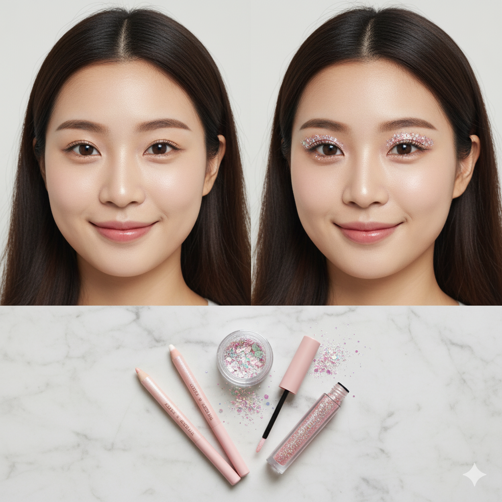 2 different girls with different makeup look down side showing used aegyo sal makeup products products