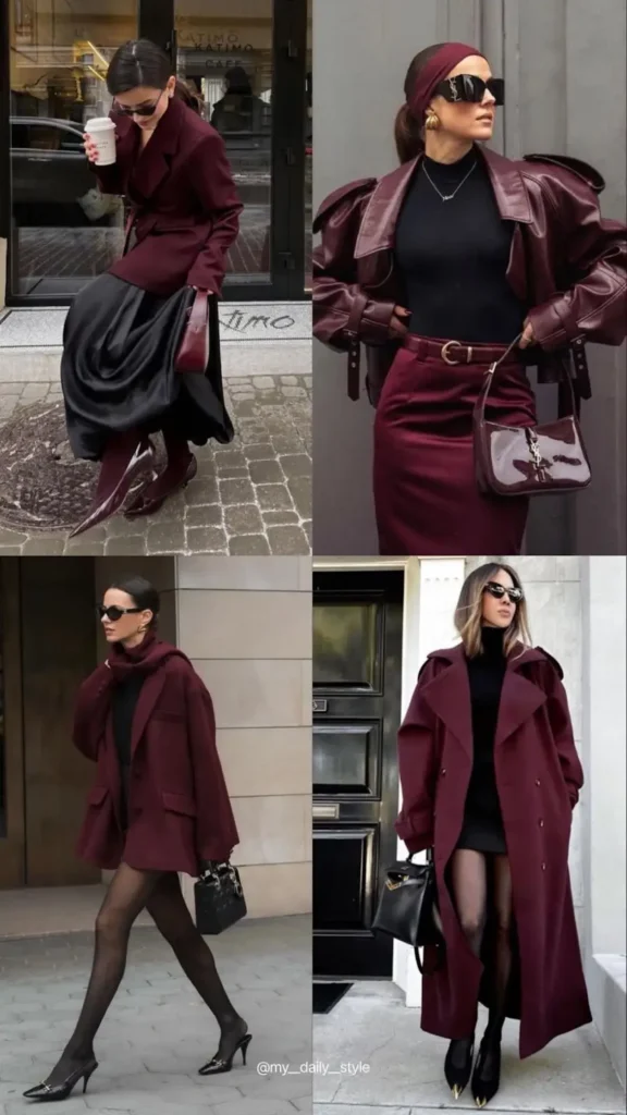 4 different girls with 4 different Burgundy Coats long and short