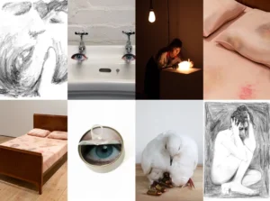 Close-up artwork featuring a human eye, highlighting texture, color, and emotional expression.