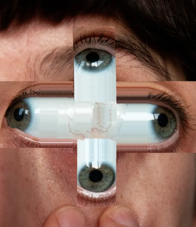 Collage artwork featuring human eyes, reflecting themes of memory, identity, and psychological depth in Weisstub’s work