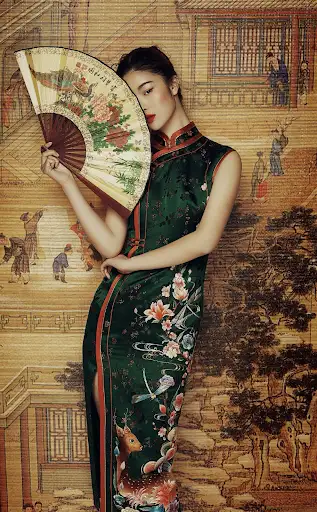 a model wearing modern chinese garment and print
