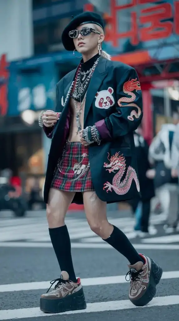 An actor with modern Chinese streetstyle motifs dress