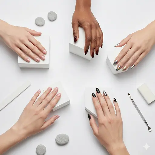 5 hands with different nails shapes