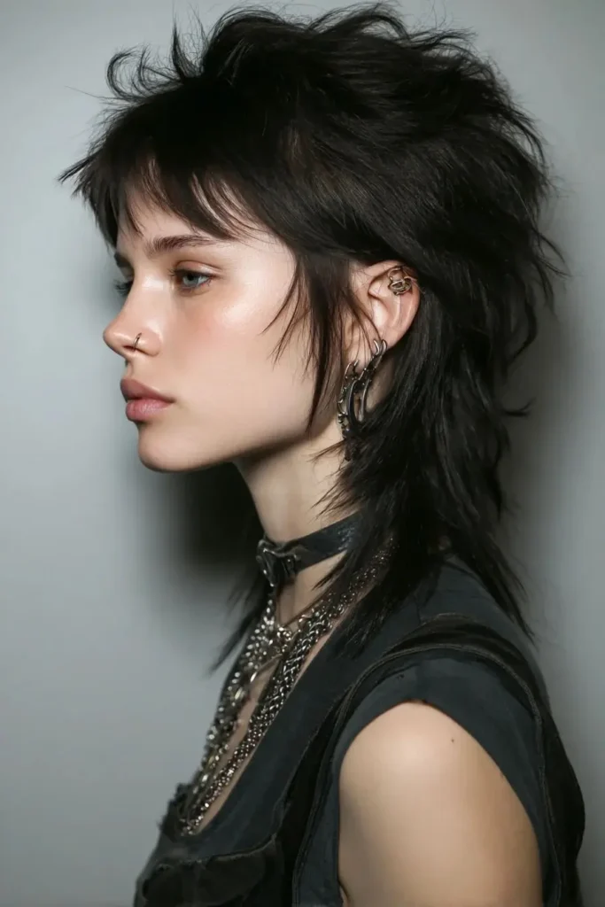 a girl side pose showing The Shaggy Punk Cut