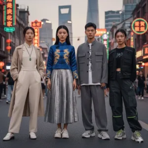 4 different peoples wearing Chinese modern fashion dresses