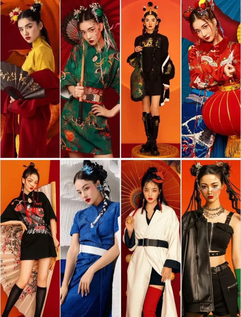 8 different women wearing 8 Hanfu chinese outfits