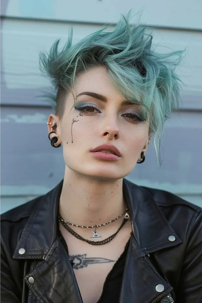 a girl with dyed hair in skyblue showing modern punk hairstyle