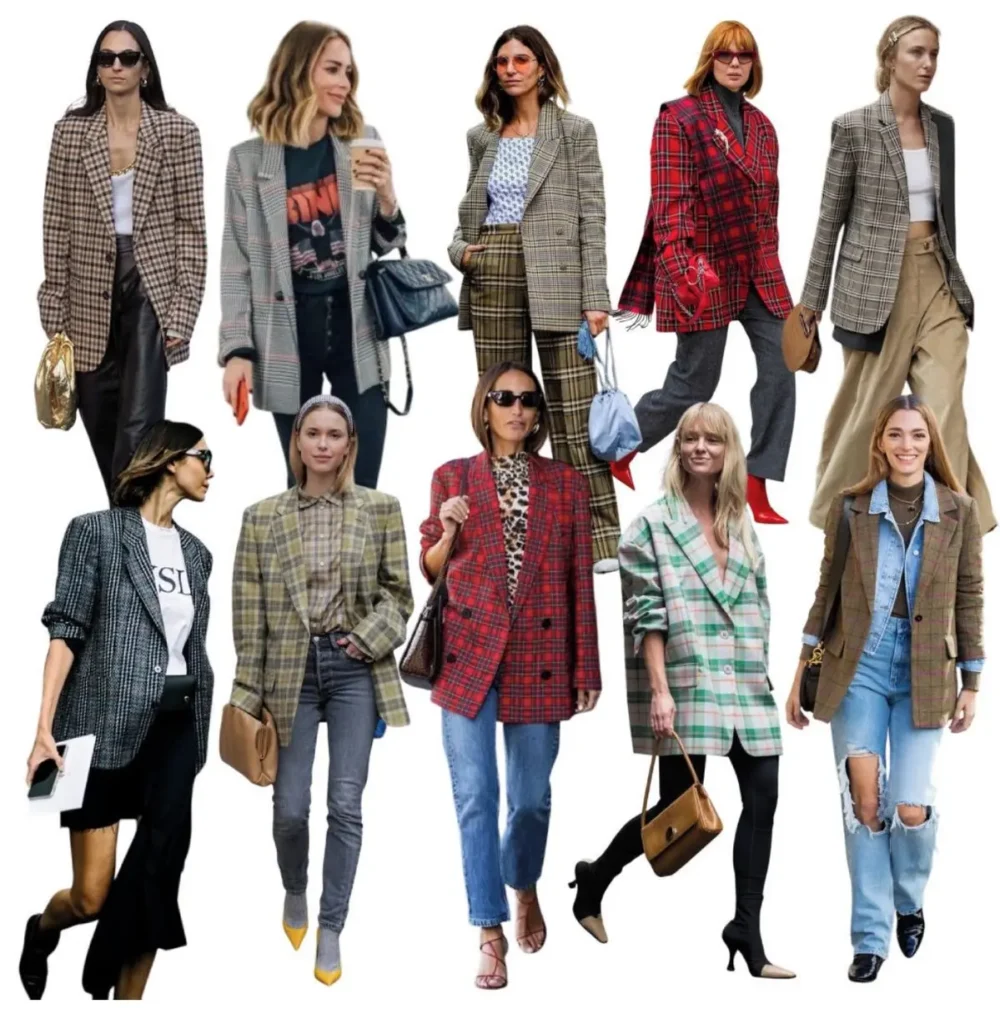 10 different girls wearing different fall winter Plaid Jackets & Blazers dresses