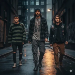 Three boys possing in different grunge fashion looks