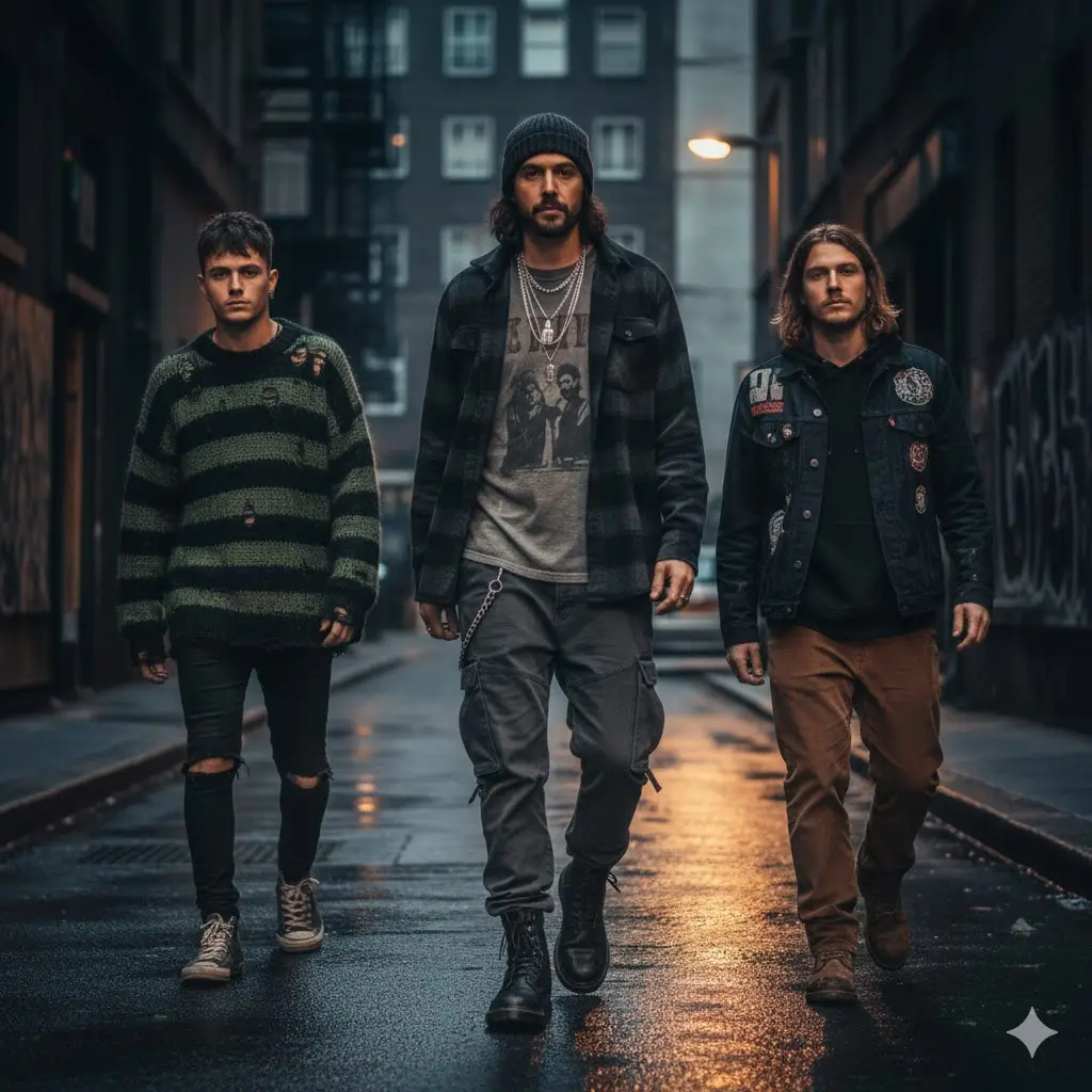 Three boys possing in different grunge fashion looks