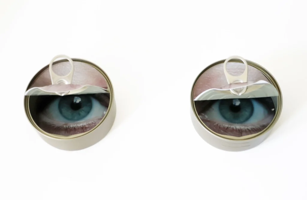 Collage artwork featuring human eyes, reflecting themes of memory, identity, and psychological depth in Weisstub’s work