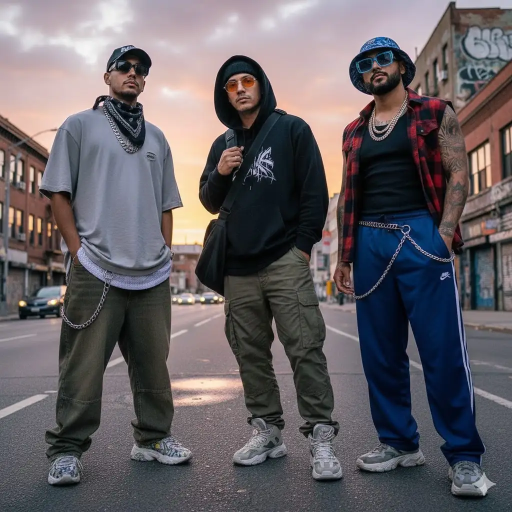 3 different mens in trendy y2k fashion look