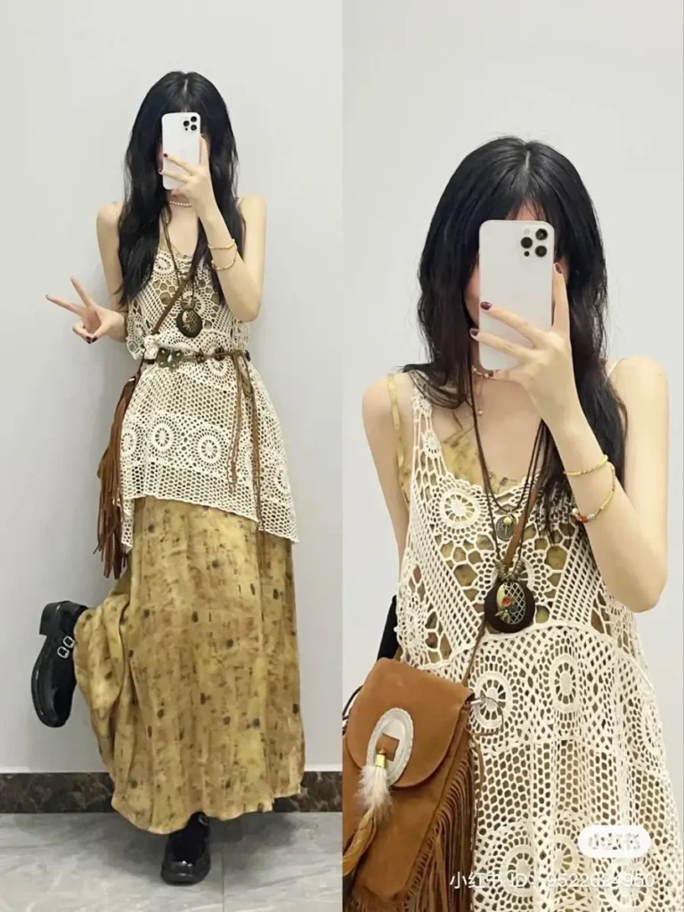 a girl with a boho hand-knit shirt dress