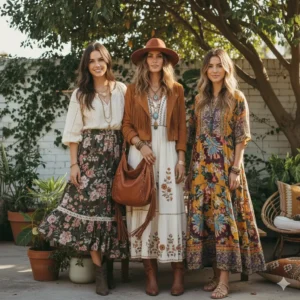 3 women in different looks of boho chic style dresses