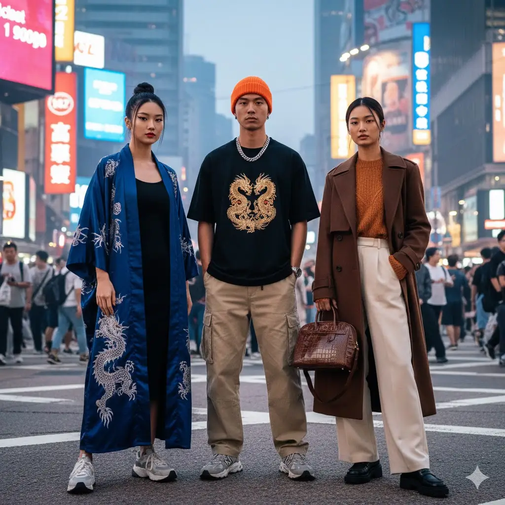 2 girls and a boy standing on the road showing different Douyin fashion dresses