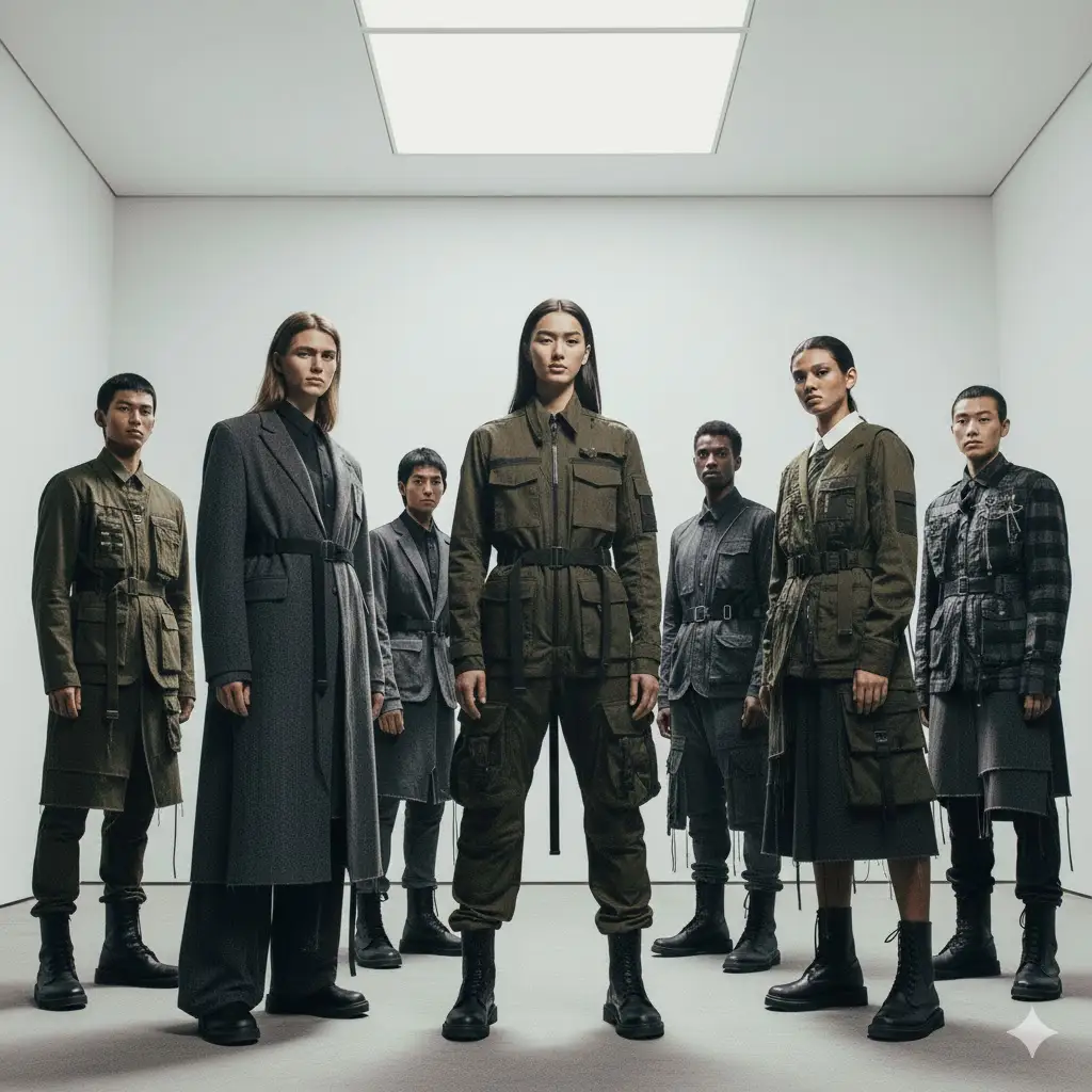 different girls and boys in different military style trendy dresses like cargos etc