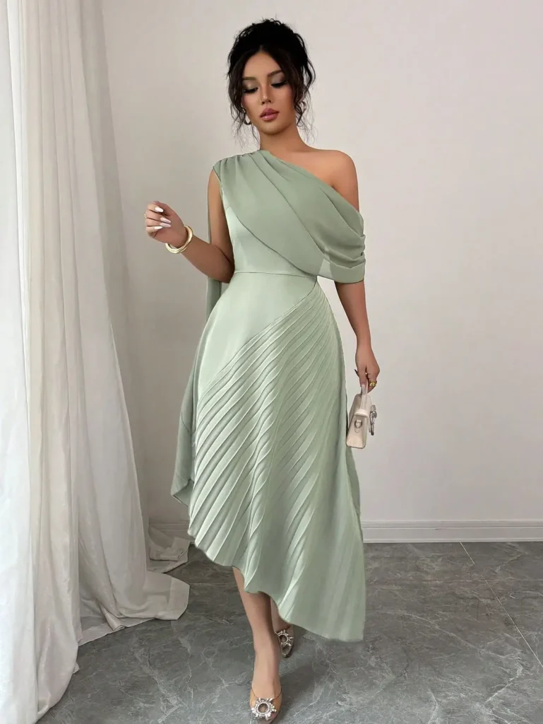 girl in a beutiful sage green dress