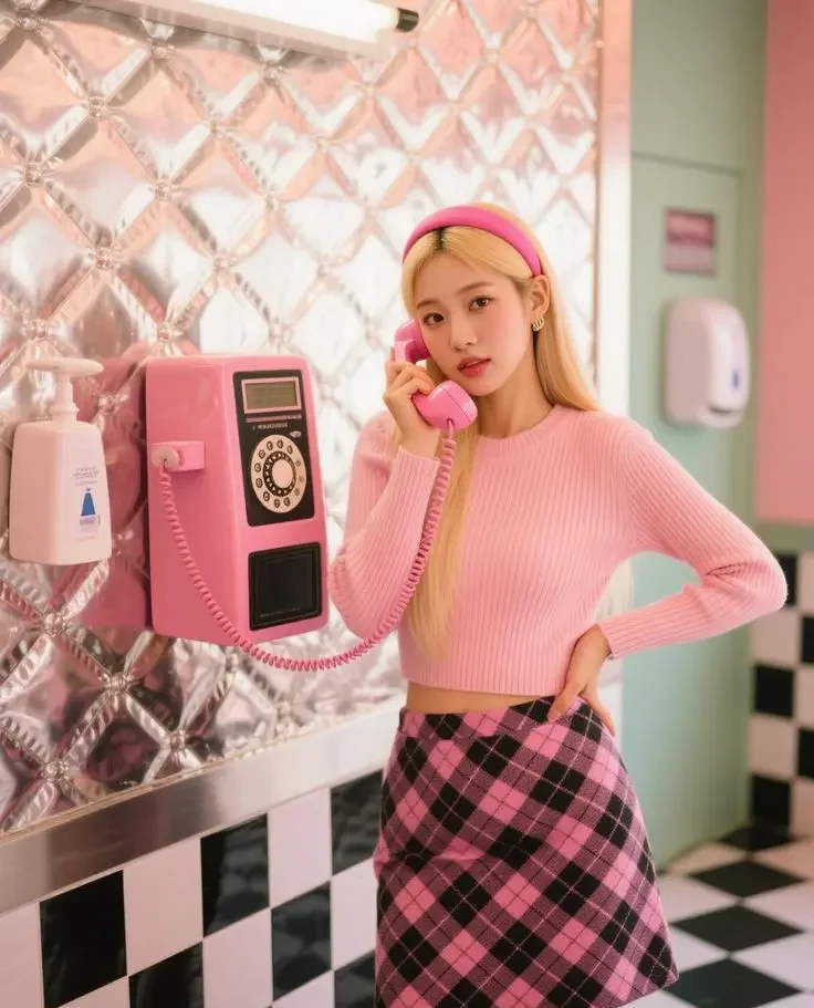 a girl i pink dress talking on phone