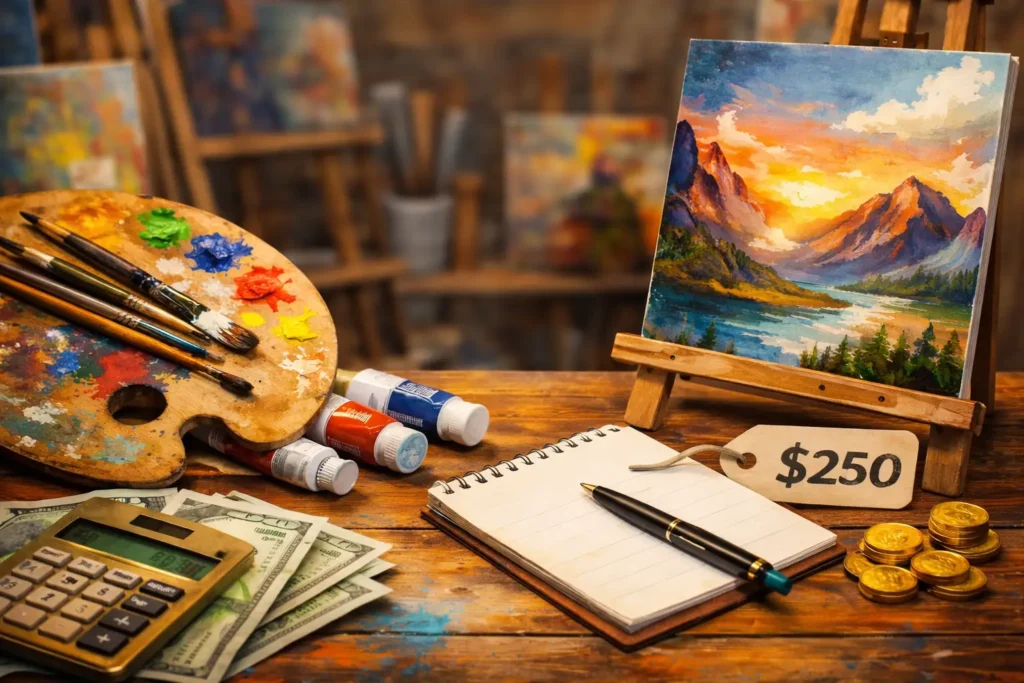 canvas with painting , brushes, calculater and some $