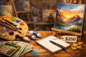 canvas with painting , brushes, calculater and some $