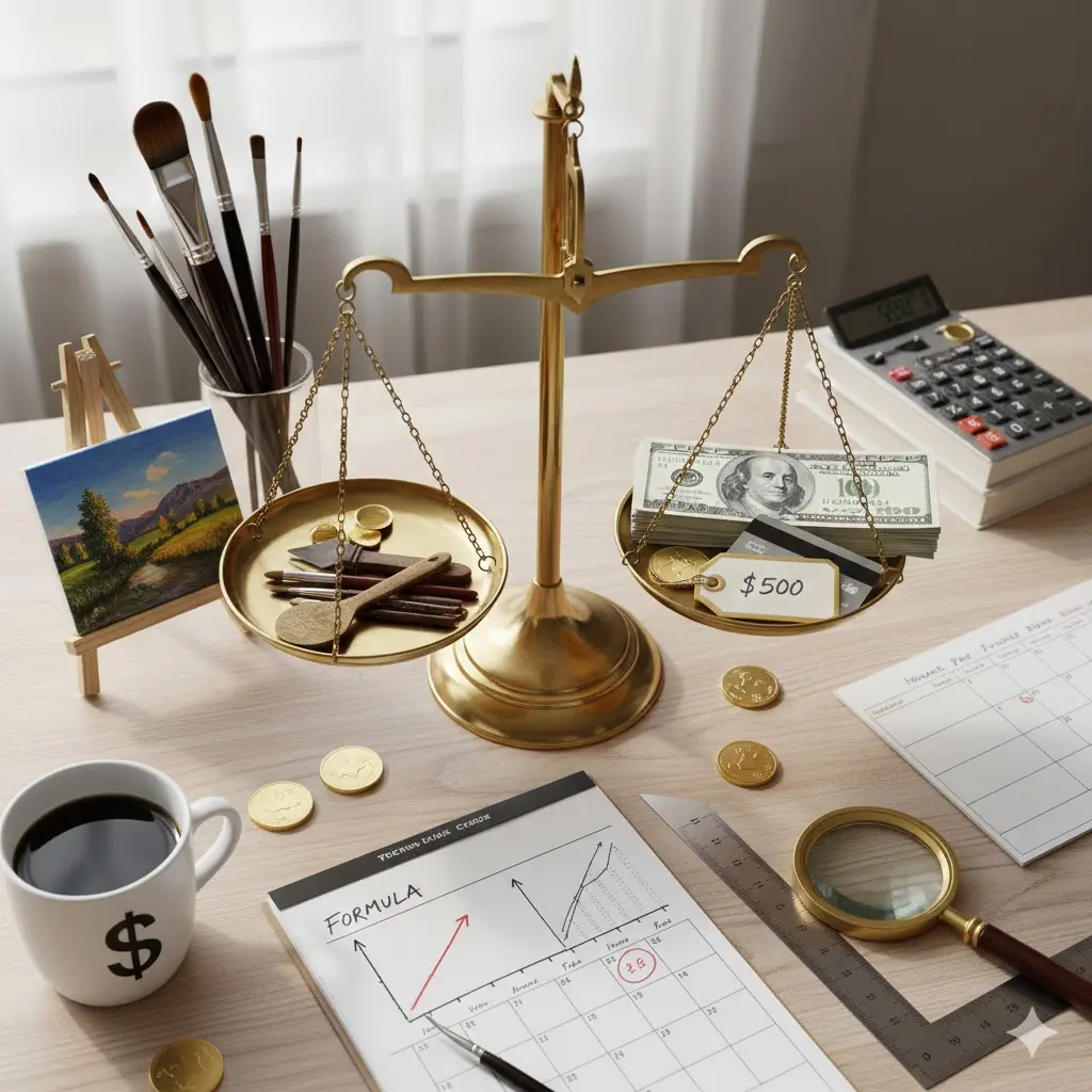 showing art related things and brushes money and canvases