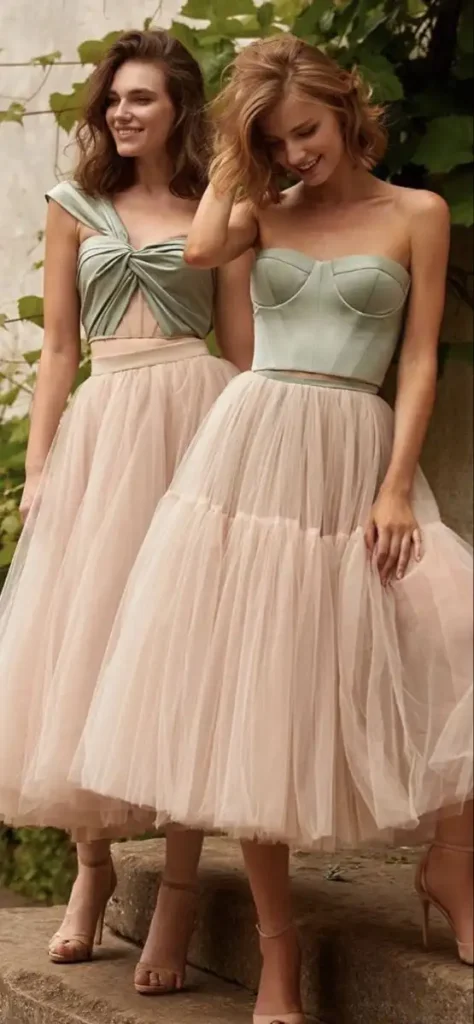 2 girl with pink net flowing skirt and sage green blouse