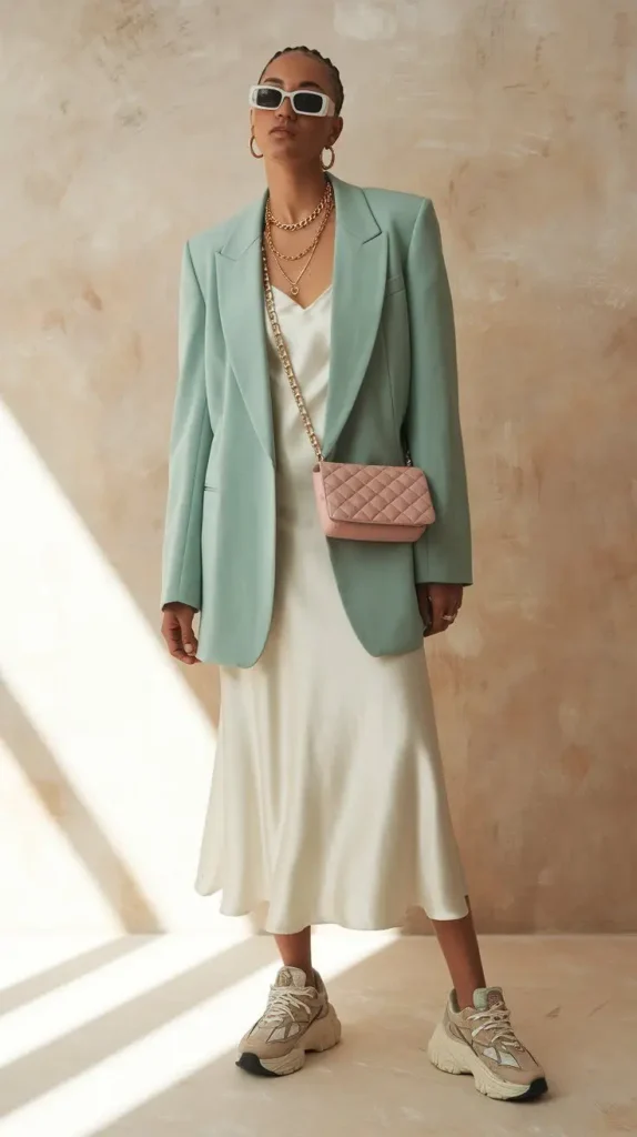 a girl with white dress sage green blazer and a pink bag