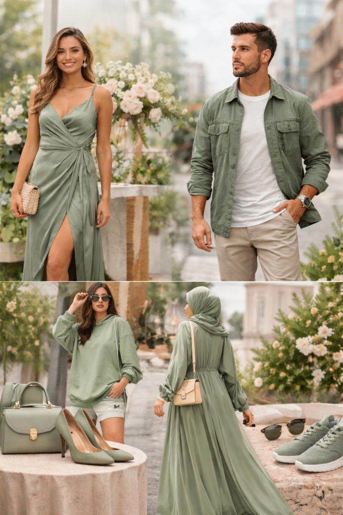 3 girls and 1 boy in different sage green dresses looks