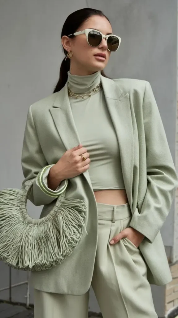 a girl complete look of sage green