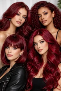 4 different girls with different length hair and cherry red hair color dye