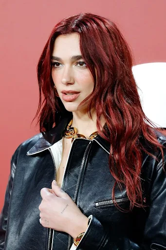 dua lipa with cherry red hairs
