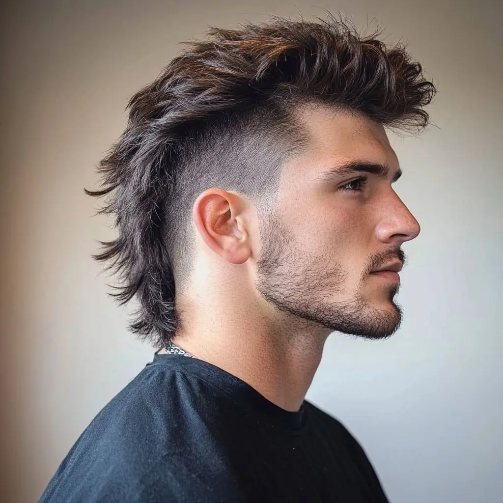 a boy showing faux hawk mullet haircut