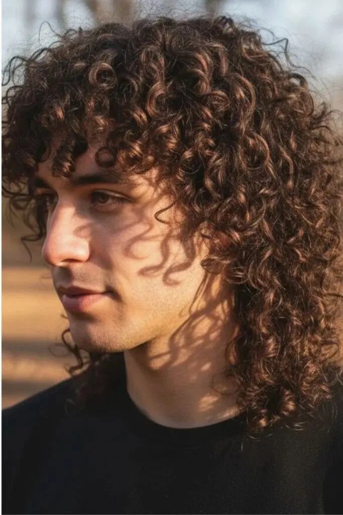 a boy with curly mullet haircut