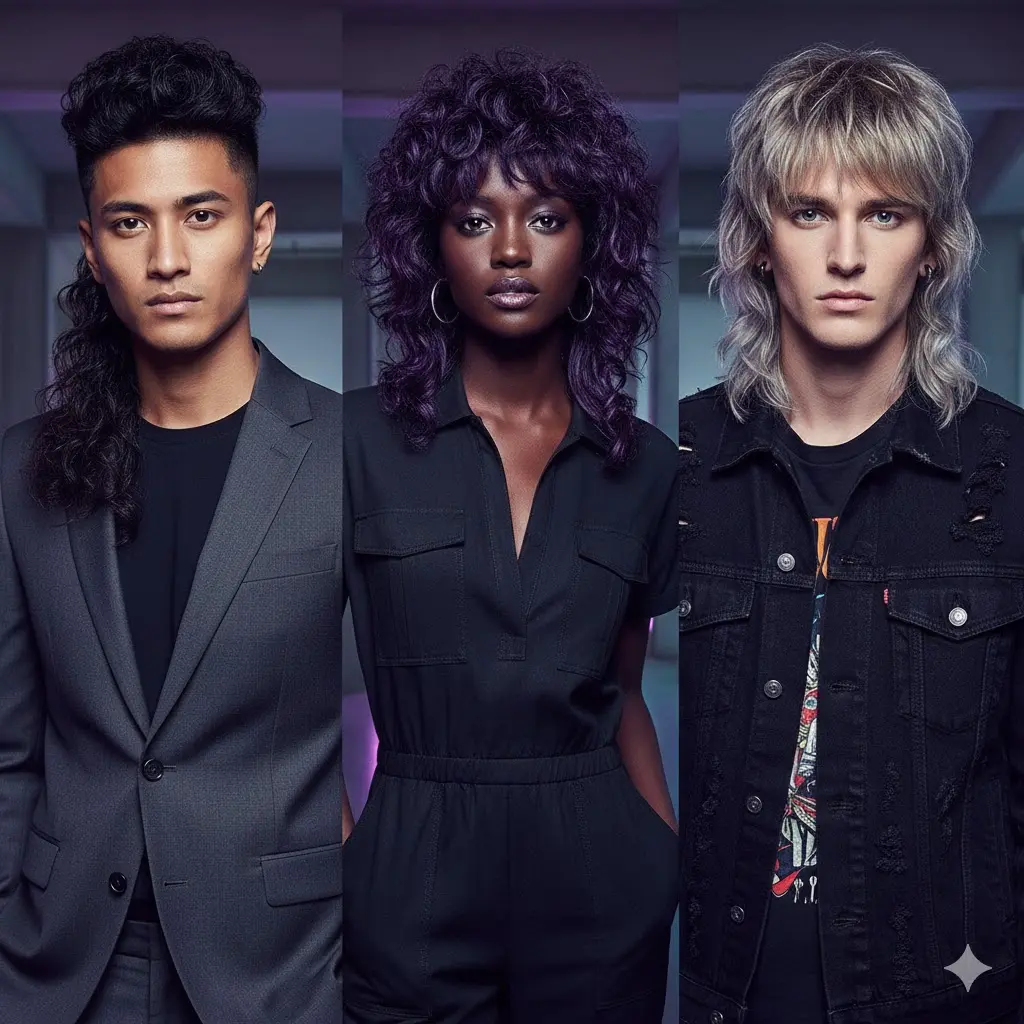 a girl and 2 boys showing different type of mullet haircuts