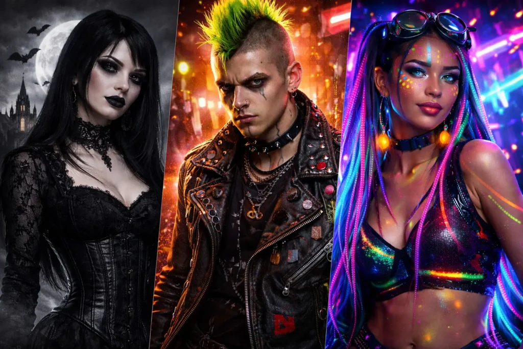 3 different looks of punk fashion, rave fashion, gothic fashion on man and womens